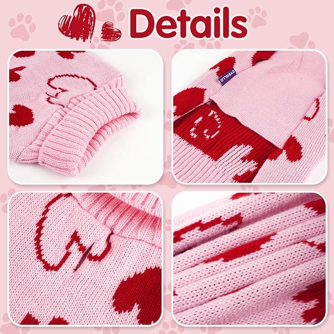 cyeollo Small Dog Valentines Sweater Heart Pattern Dog Clothes with Leash Hole Pullover Turtleneck Holiday Pet Apparel Pink