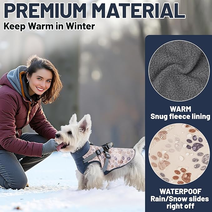Dog Winter Coat for Small & Medium Dogs (Up to 31lb), Waterproof Dog Coat with Harness, Puppies Windproof Puppy Puffer Jacket, Snowsuit for Dachshund,Frenchie, Corgi (Paw Blue, 2XLarge)