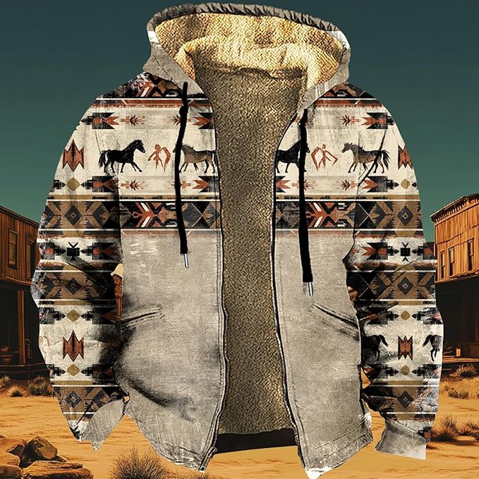 Men's Zip Up Jackets Western Style Ethnic Hoodie Hooded Vintage Long Sleeve Warm Coat Winter Outfits