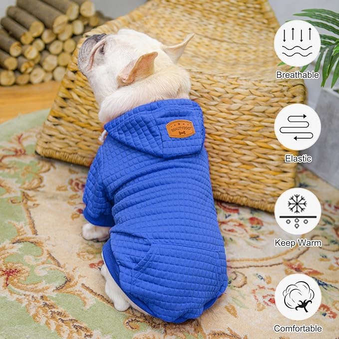 BEAUTYZOO Medium Dog Hoodie Sweater with Pockets, Dog Clothes for Small Medium Dogs Boy Girl, Waffle-Like Laminated Cotton Pet Coats with Hat and Leash Hole, Blue XL