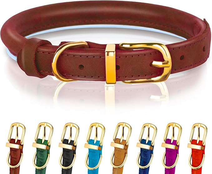 OOPSDOGGY Reflective Rolled Leather Dog Collar Adjustable Soft Padded Pet Collar for Small Medium Large Breed Dogs (Brown, XS, 8"-11")