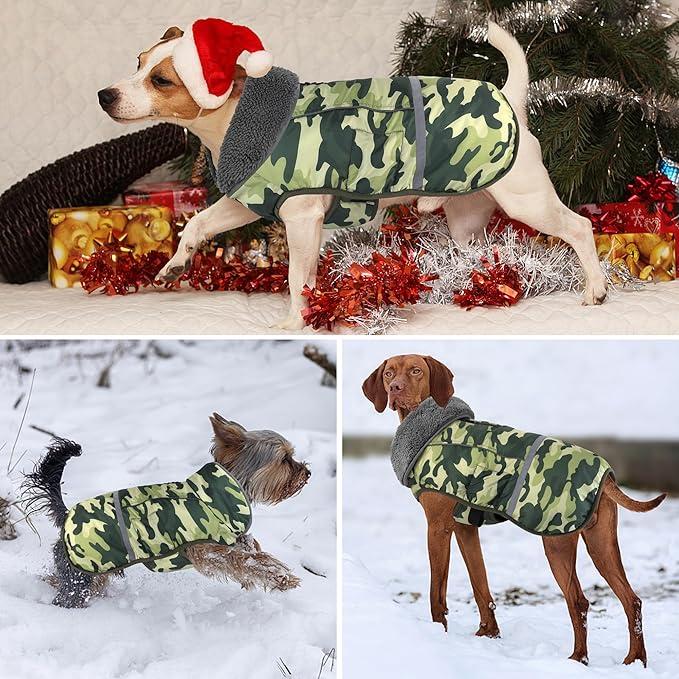Dogcheer Warm Dog Coat, Waterproof Dog Jacket Reflective Adjustable Puppy Winter Coat with Buckle, Christmas Pet Snow Jacket Turtleneck Fleece Sweater for Small Medium Large Dogs- Camo Green, L