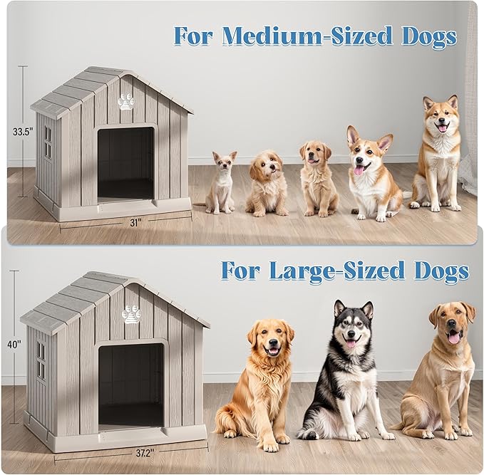 Dog House for Outdoor & Indoor Use with Window, Waterproof Ventilated Kennel with Elevated Floor, Easy to Clean Shelter for Small Medium Dogs (Grey, 29.9" L x 32.3" W x 32.5" H)