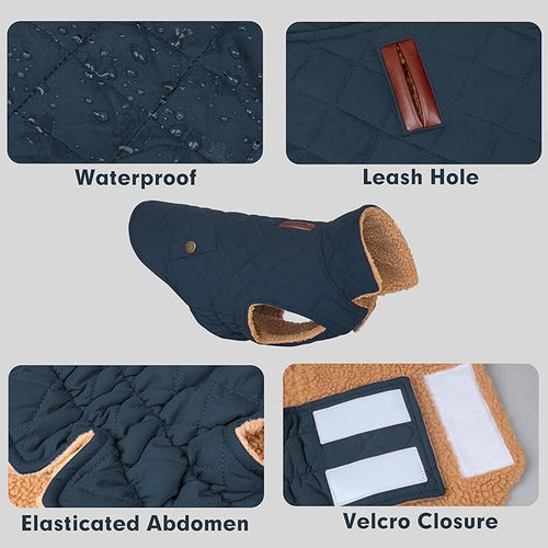 azuza Dog Jacket Waterproof & Windproof Dog Coat for Small Dogs with Thick Fleece, High Collar with Leash Hole, Adjustable Velcro & Elastic Belly, Navy XL