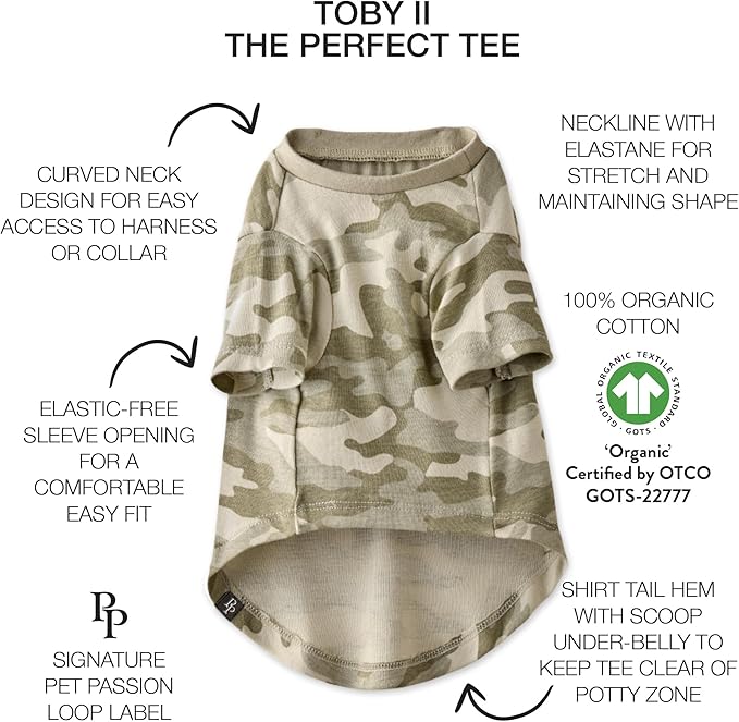 Toby II - The Perfect Tee, 3 Pack Short Sleeve Pet T-Shirt 100% Organic Cotton Tees Clothes for Small, Medium, Large Dogs, Sage Camo, Large