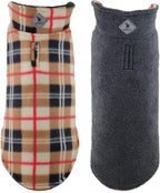 The Worthy Dog Fargo Fleece Plaid Dog Jacket, Adjustable Reversible with Harness Hole, Wind-Resistant, Winter Outdoor Clothes for Pets, Tan - 18''