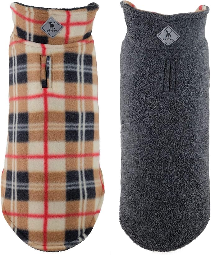 The Worthy Dog Fargo Fleece Plaid Dog Jacket, Adjustable Reversible with Harness Hole, Wind-Resistant, Winter Outdoor Clothes for Pets, Tan - 30''