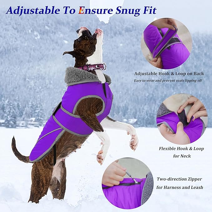Dogcheer Dog Coat, Waterproof Dog Jacket Reflective Pet Winter Coat with Adjustable Hook & Loop, Christmas Puppy Fleece Jacket Warm Turtleneck Snowsuit for Small Medium Large Dogs - Purple, L