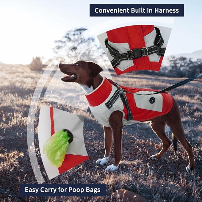 IECOii Large Dog Coat with Harness Built in,Reflective Waterproof Dog Coat for Giant Breeds - Zip Up Fleece Jacket for Dogs,Great Dane Winter Coats Warm Snowsuit for Cold Weather, Red, 4XL