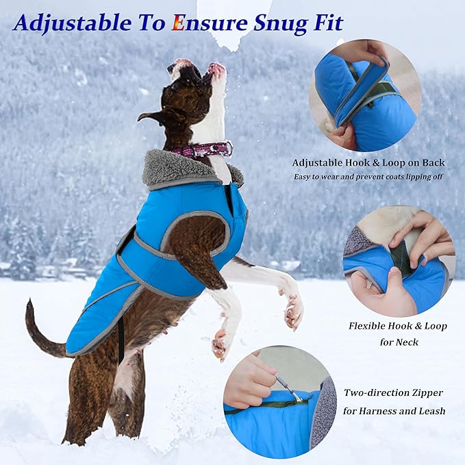 Dogcheer Dog Coat, Waterproof Dog Jacket Reflective Pet Winter Coat with Adjustable Hook & Loop, Christmas Puppy Fleece Jacket Warm Turtleneck Snowsuit for Small Medium Large Dogs - Sky Blue, 2XL