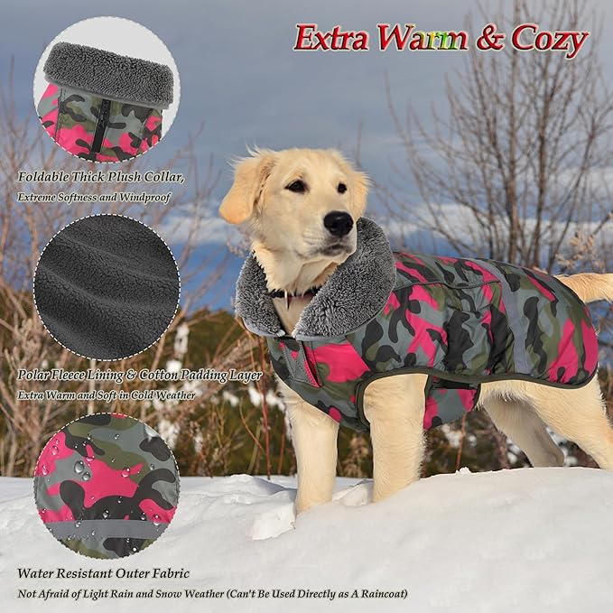Dogcheer Warm Dog Coat, Waterproof Dog Jacket Reflective Adjustable Puppy Winter Coat with Buckle, Christmas Pet Snow Jacket Turtleneck Fleece Sweater for Small Medium Large Dogs - Camo Pink, 2XL