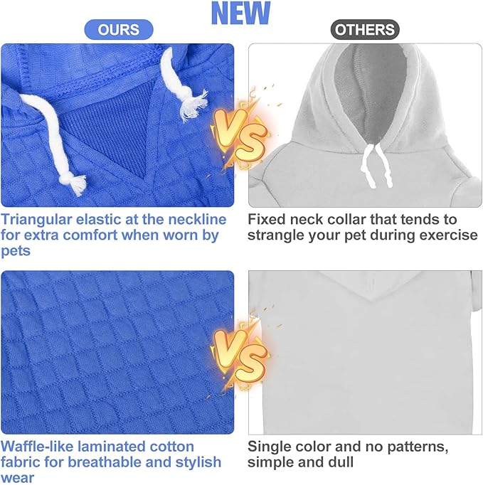 BEAUTYZOO Medium Dog Hoodie Sweater with Pockets, Dog Clothes for Small Medium Dogs Boy Girl, Waffle-Like Laminated Cotton Pet Coats with Hat and Leash Hole, Blue XL