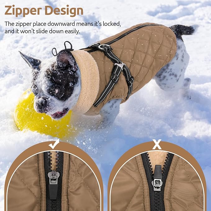 Queenmore Dog Jackets for Medium Dogs, Dog Coat with Harness Built in, Waterproof Pet Winter Coat with Zipper On Back Doggy Snowsuits Warm Soft Pet Jacket for French Bulldog, Poodle, Corgi, Brown M