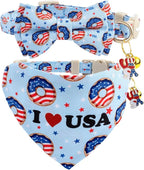 Faygarsle 2 Pack Patriotic Cat Collar Set with Bandana and Bow Tie, USA Flag Donuts Pattern, Light Blue