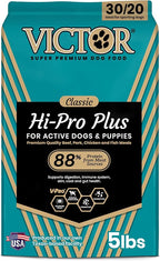 VICTOR Super Premium Dog Food – Hi-Pro Plus Dry Kibble – High Protein Dog Food with 30% Protein – Beef, Chicken, Pork, Fish Meals, Gluten Free - for High Energy and Active Dogs & Puppies, 5lbs