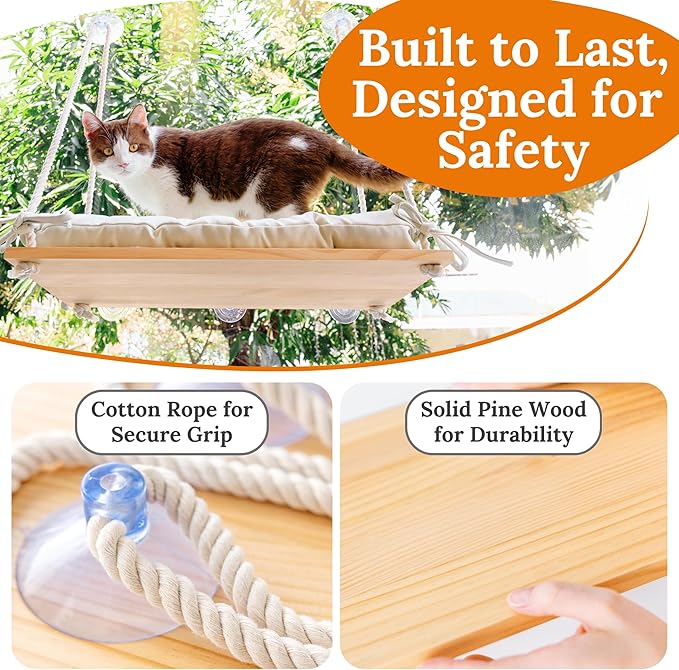 Cat Window Perch for Large Cats - Hammock Bed for Heavy Indoor Cats - Solid Wood Seat, 5 Strong Suction Cups, Soft Cushion - Rustic Shelf for Pets Inside