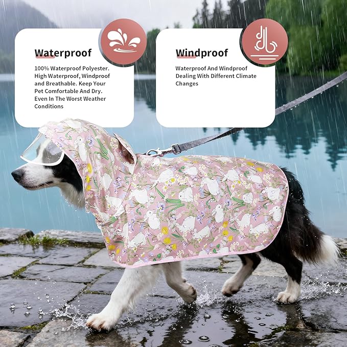 Dog Raincoat, Waterproof Windproof Dog Rain Jacket with Hood, Rain Coat with Leash Hole, Adjustable Raincoat Poncho for Small Medium Large Dogs Outdoor (Pink, Small)