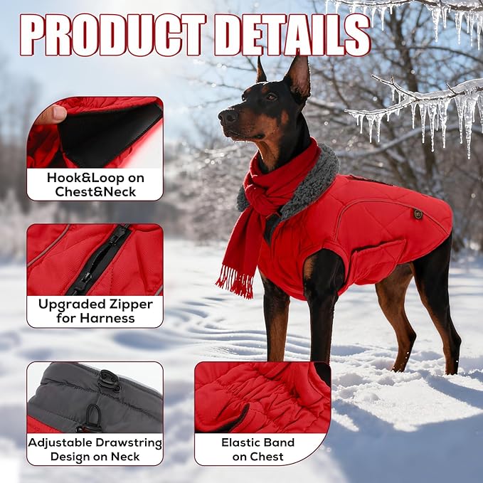 EMUST Winter Dog Coats, Fleece Dog Apparel for Cold Weather, British Style Windproof Warm, Red, XS