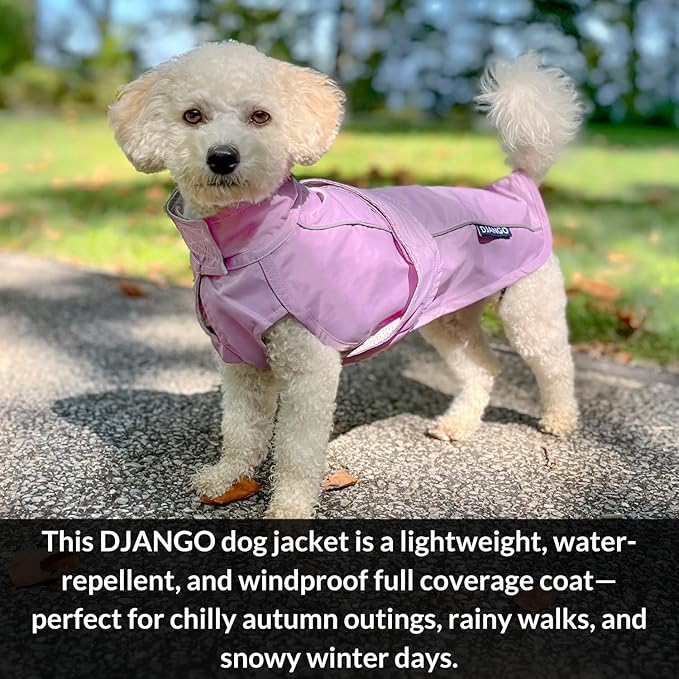 DJANGO Dog Jacket & Raincoat – Lightweight Water-Resistant Coat for Small, Medium, Long Dogs, Dachshunds – Reflective, Adjustable Fit, Harness-Compatible, Easy-Access Harness Hole - Lilac Purple Small