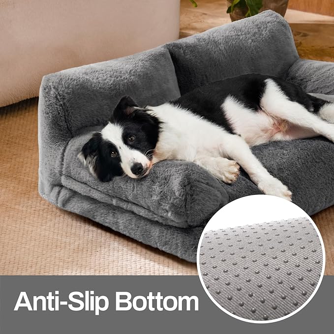 MEWOOFUN Dog Beds for Small Medium Dogs with Removable Washable Cover, Fluffy Dog Sofa with Non-Slip Bottom (Dark Grey, 33.5" L X 25.6" W X 11.5" Th)