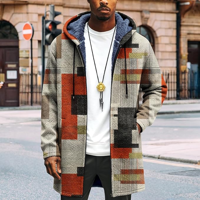 LIZALIG Long Hooded Cardigan Men Japanese Art Style Fashion Cool Graphic Coats Winter Warm Lined Fleece Jacket