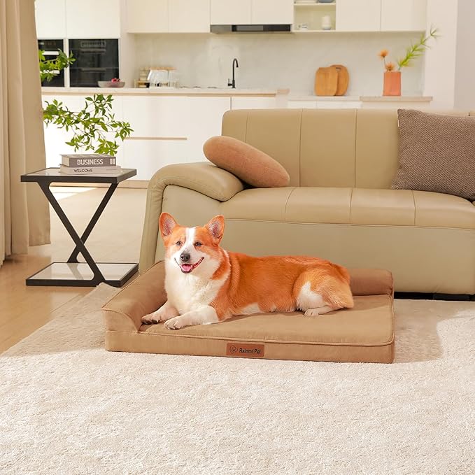 Orthopedic Dog Beds Large Sized Dog, Memory Foam Pet Bed for Medium and Large Dogs, Removable and Washable Microsuede Cover, TPU Waterproof Liner, Nonskid Bottom, 36x27x6 Inches, Khaki