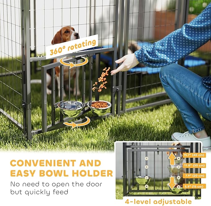 PawHut 6' x 6' x 6' Outdoor Dog Kennel, Welded Wire Dog Kennel Outside Run with 360° Rotating & 4 Level Adjustable Bowls, Waterproof & UV Resistant Cover, for S&M&L Breeds, Chickens, Ducks, Silver