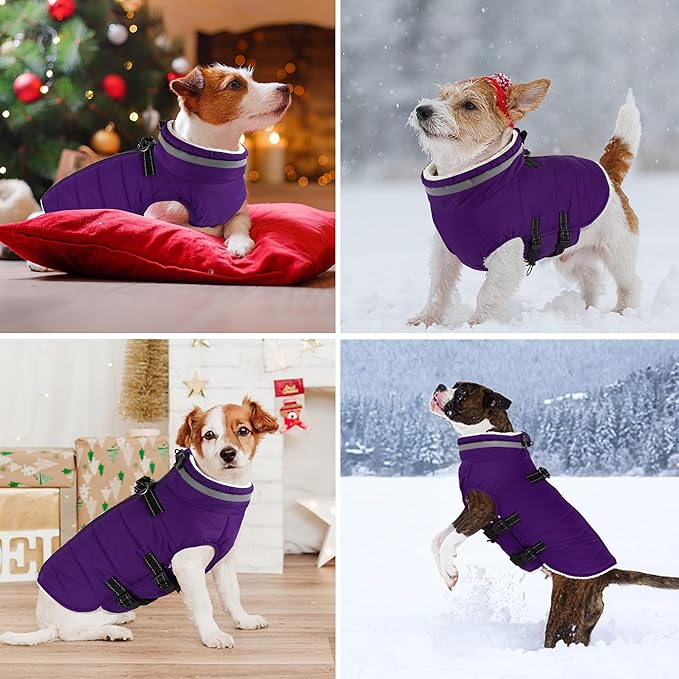 Dogcheer Dog Coat with Harness, Waterproof Dog Jacket Adjustable Pet Winter Coat with Zipper, Christmas Puppy Snow Jacket Fleece Sweater for Small Medium Large Dogs - Purple 3XL