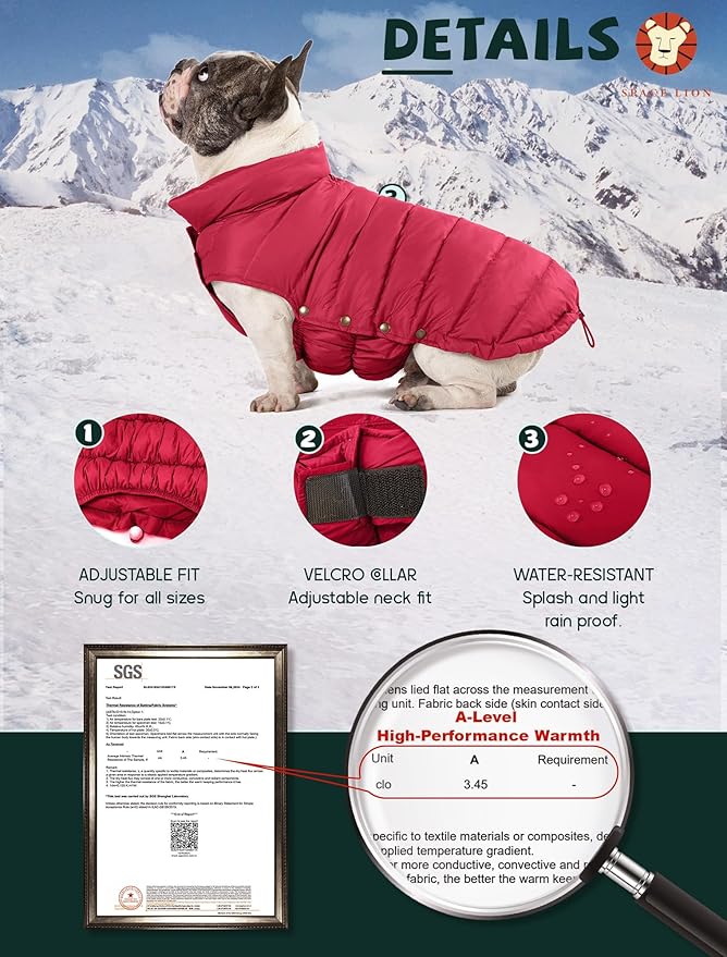 SPACE LION Dog Puffer Jacket, Down Winter Coat, Durable Outdoor Coat for Cold and Windy Conditions, Waterproof, Lightweight Jacket, Adjustable Fit for Small, Medium, Large Dogs(Red,16/XL)