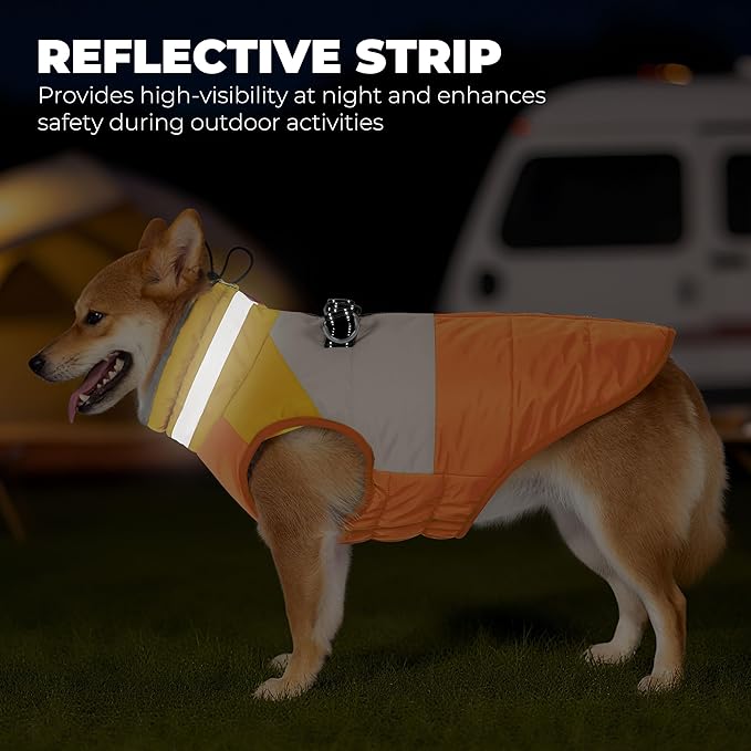 Dog Coat, Waterproof Dog Winter Jacket with Harness Built in, Turtleneck Warm Doggie Cold Weather Coats, Reflective Pet Vest for Indoor & Outdoor, Windproof Dogs Snowsuit, Orange Large