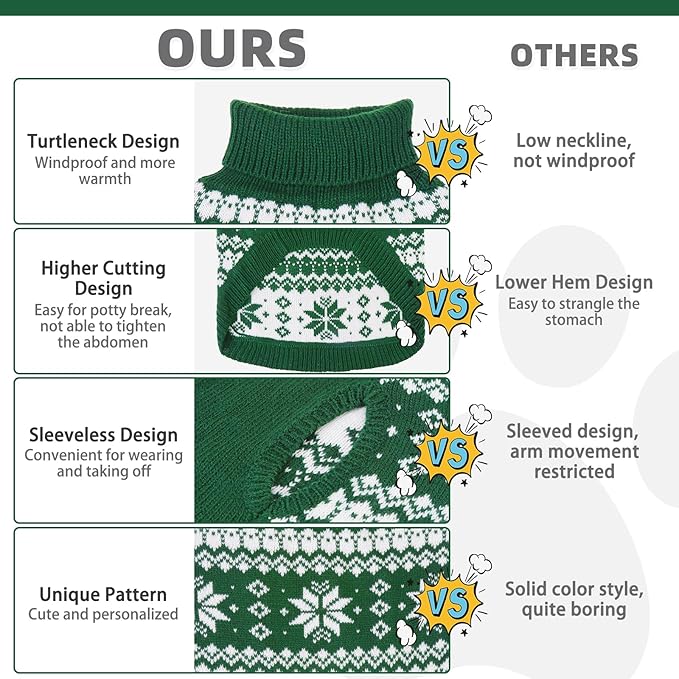 KOOLTAIL Cable Knit Dog Sweater Turtleneck, Cold Weather Pullover Classic Knitwear, Snowflake Pattern Thick Warm Winter Pet Clothes, Dog Christmas Sweater for Small Medium Large Dogs Cats, Green M