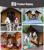 Dog House Outdoor with Porch, Anti-Chewing Iron Frame, Weatherproof Large Wooden Dog Kennel Outside with Openable Roof & Removable Floor, Elevated Base & PVC Curtain