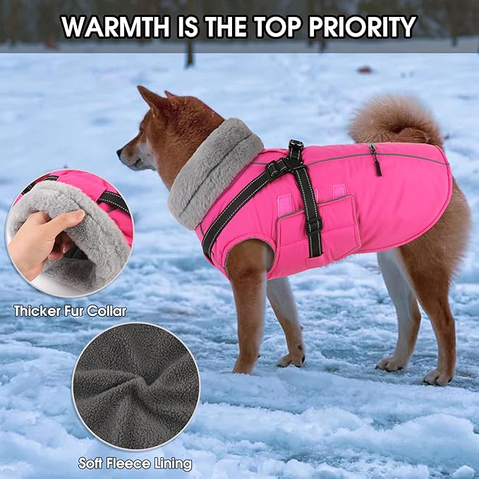 PETDSH Dog Coat Large, Built-in Harness Dog Jacket with Warm Fleece Lining, Waterproof Reflective Dogs Winter Coat, Pet Coats with Pocket and Trash Bags (Pink, Large)