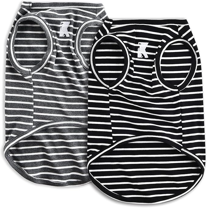 Koneseve Dog Shirt Vest Lightweight Stretchy Dog T-Shirts Soft Cool Shirts Sleeveless Stripe Vests Breathable Clothes for Puppy Kitty Cats Small Medium Large Dogs 2 Pack Black + Grey [ S/Small ]