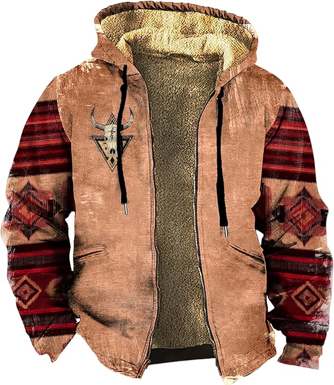 Men's Zip Up Jackets Western Style Ethnic Hoodie Hooded Vintage Long Sleeve Warm Coat Winter Outfits