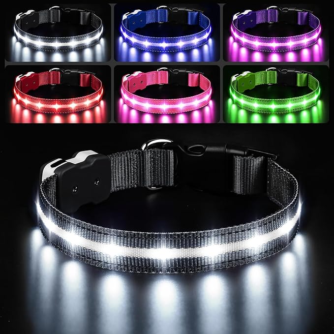 PcEoTllar Light Up Dog Collars, Led Dog Collar, Rechargeable, Night Walking, Waterproof, Glow in The Dark Dog Collars Light for Large Small Medium Dogs, Black s