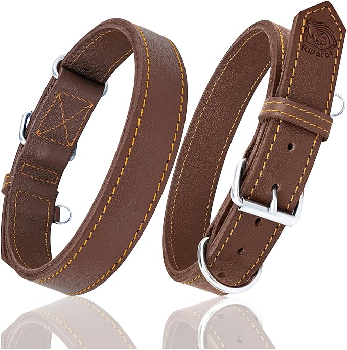 Riparo Dog Collar - Genuine Leather Dog Collars - Heavy Duty Dog Collar for Medium Large and Extra Large Dog Breeds (XL: 1.5” Wide for 22” - 26” Neck, Brown)