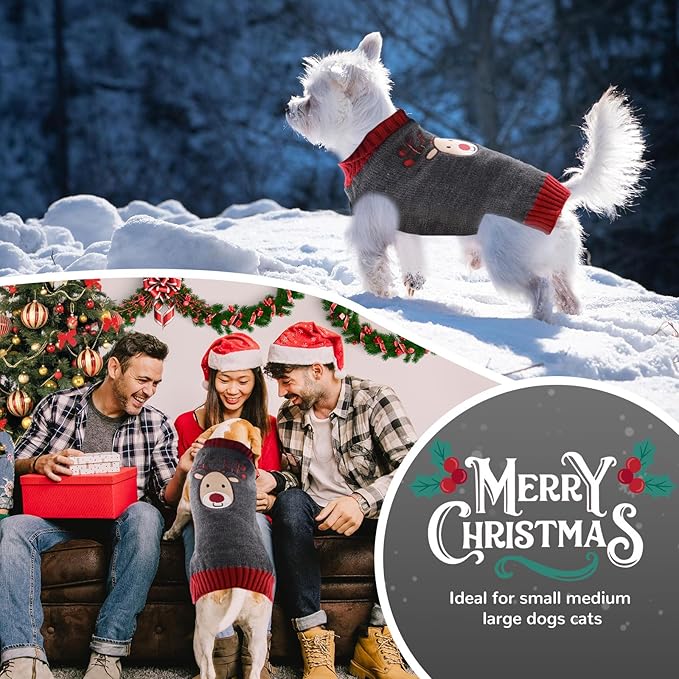 PETCARE Reindeer Christmas Dog Sweater Gray Cat Sweater Vest Cartoon Elk Pet Holiday Dog Clothes Puppy Sweaters for Small Medium Large Dogs Cats Fall Winter Outfits Xmas Dogs Costume,X-Small
