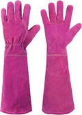 HANDLANDY Ladies Thorn Proof Gardening Gloves, Long Gauntlet Heavy Duty Garden Gloves, Elbow Length Women Leather Rose Pruning Glove (Large, Rosy)