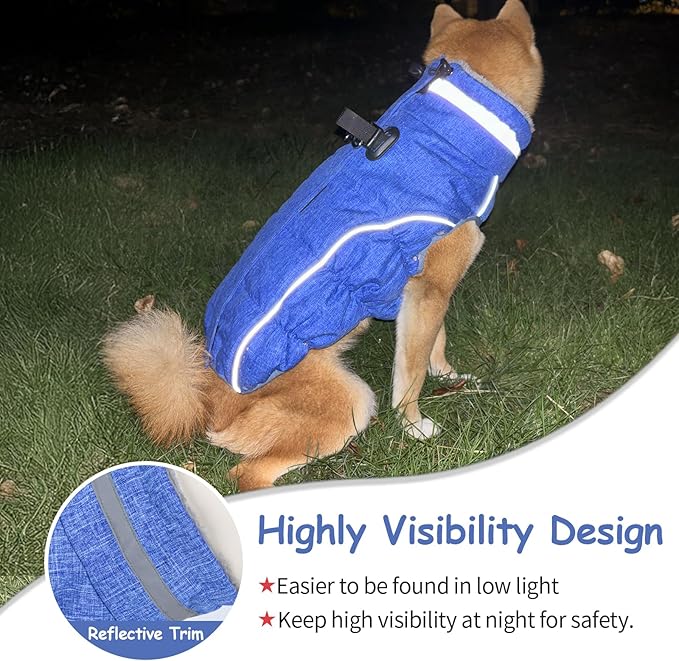 Malier Dog Coat, Reflective Dog Jacket Waterproof Windproof Puppy Cold Weather Coats with Harness Built in, Winter Extra Warm Pet Coat Fleece Vest for Small Large Pets and Puppy (Blue, X-Small)