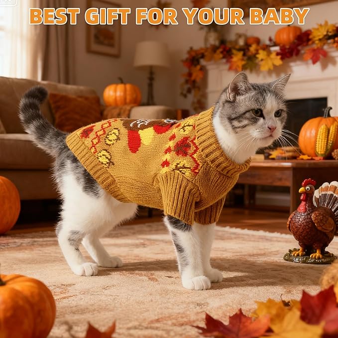 KOOLTAIL Thanksgiving Cat Sweater Turtleneck - Soft Knit Cat Sweaters for Cats Only, Turkey Pattern Thick Warm Winter Cold Weather Pet Clothes for Small Medium Large Kitten Puppy Boys Girls, Brown L