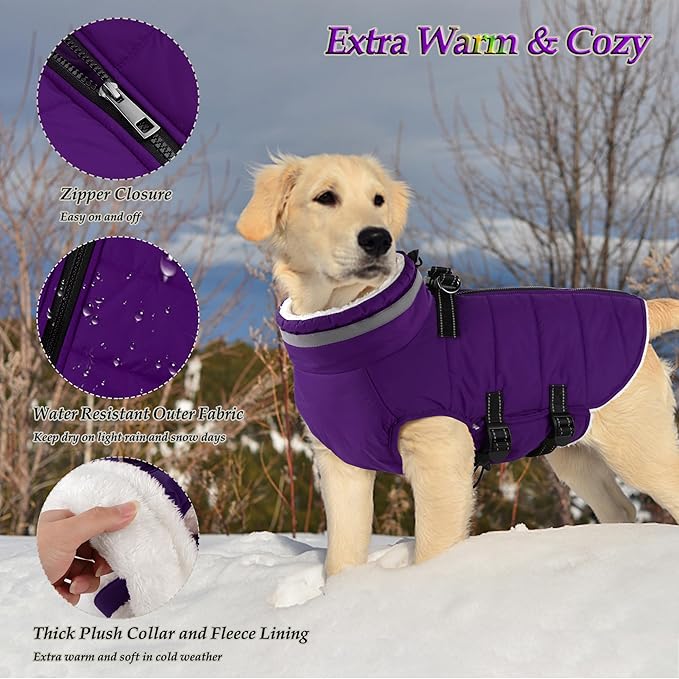 Dogcheer Dog Coat with Harness, Waterproof Dog Jacket Adjustable Pet Winter Coat with Zipper, Christmas Puppy Snow Jacket Fleece Sweater for Small Medium Large Dogs - Purple 3XL