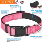 Reflective Dog Collar Padded with Soft Neoprene Breathable Adjustable Nylon Dog Collars for Small Medium Large Dogs (Medium (Pack of 1), Pink Collar+Leash)