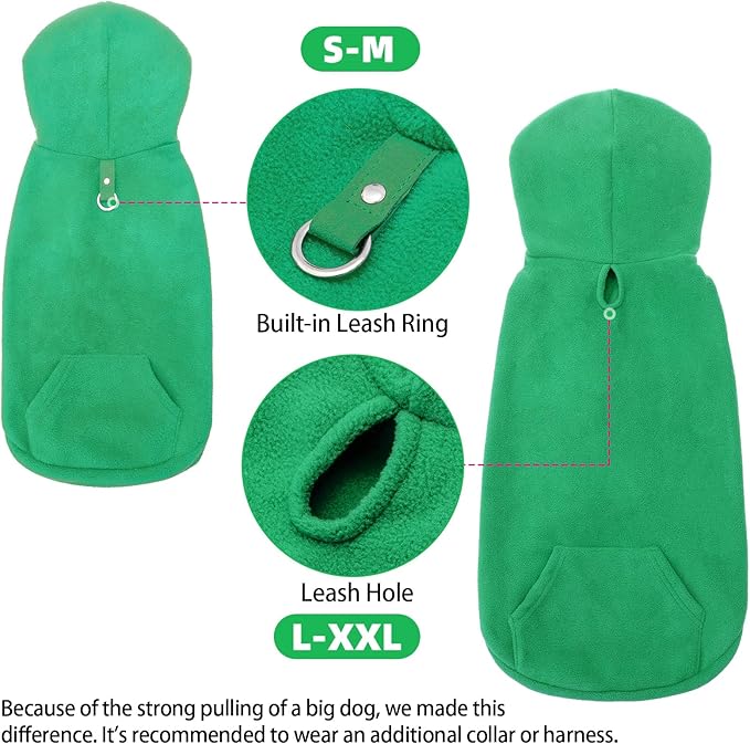EXPAWLORER Dog Hoodie Fleece Sweater Vest, Hooded Dog Sweatshirt Fall Winter Pet Clothes with Leash Ring, Sleeveless Warm Cozy Puppy Clothing for Cat Small Medium Large Dogs Girl Boy, Green M