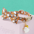 Faygarsle 2 Pack Halloween Cat Collar with Bowtie and Bell, Breakaway Safety Buckle, Ghost Pattern, Orange and Light Purple