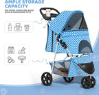Magshion 3-Wheel Pet Stroller, Foldable Travel Jogger for Small & Medium Dogs & Cats (Up to 33lbs), Lightweight Carrier with Breathable Mesh Cover, Cup Holder & Storage Basket, Sky Blue Polka Dots