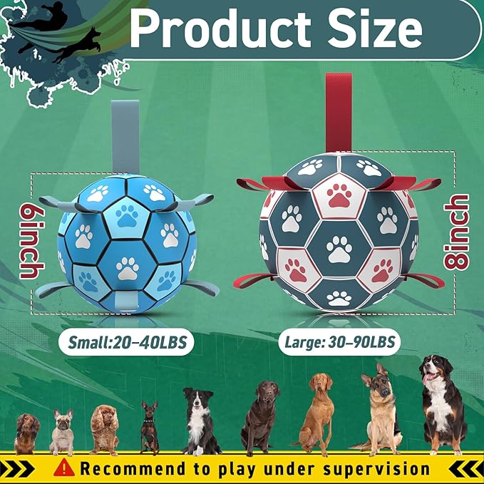 QDAN Dog Toys Soccer Ball with Straps：Durable Balls for Large Dogs, Outdoor Dog Toys, Puppy Birthday Gifts (8 Inch)