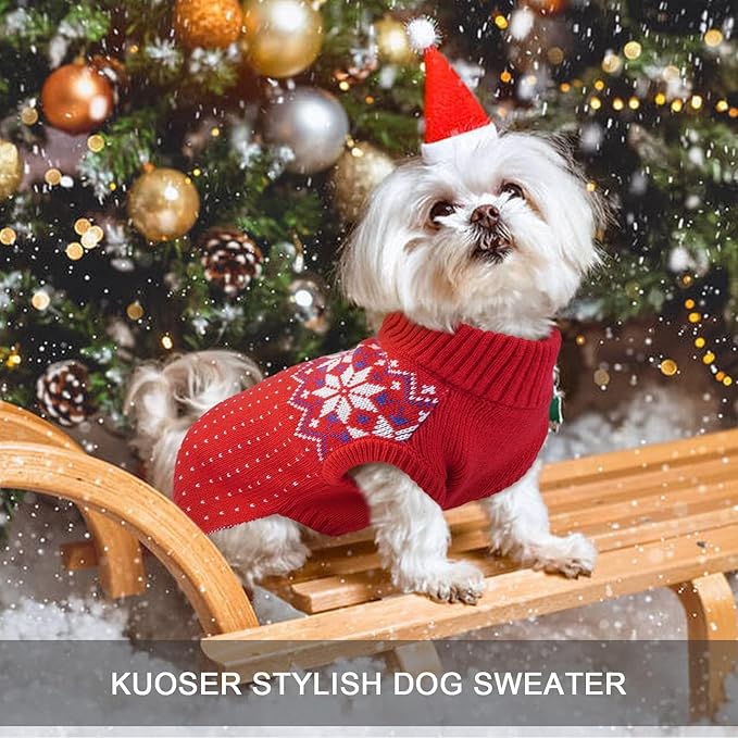Kuoser Dog Sweater, Holiday Christmas Snowflake Pet Warm Knitwear Dog Sweaters Soft Puppy Clothing, Doggie Turtleneck Cold Weather Outfit Pullover for Small Medium Large Dogs Cats, Red XS