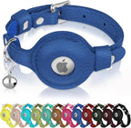 OOPSDOGGY Cat Collar for AirTag Holder, Leather Kitten Collars with Elastic Strap & Bell, Non Breakaway Adjustable Small Pet Collars for Indoor & Outdoor for Boy, Girl (Blue)