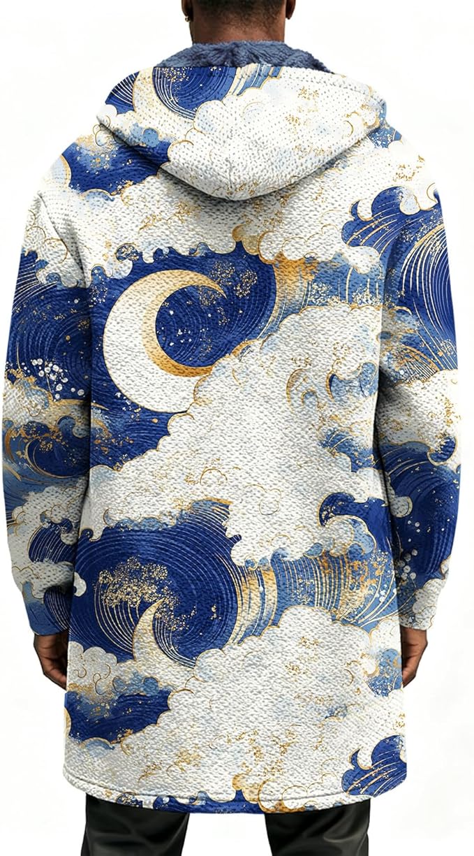 Mens Long Cardigan Hoodies Full Zip Fleece Lined Jackets Fashion Knitted Color Block Hooded Coat with Pockets